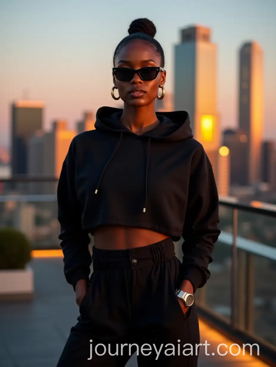 Confident-African-Model-in-Black-Hooded-Windbreaker-with-City-Skyline-at-Sunset