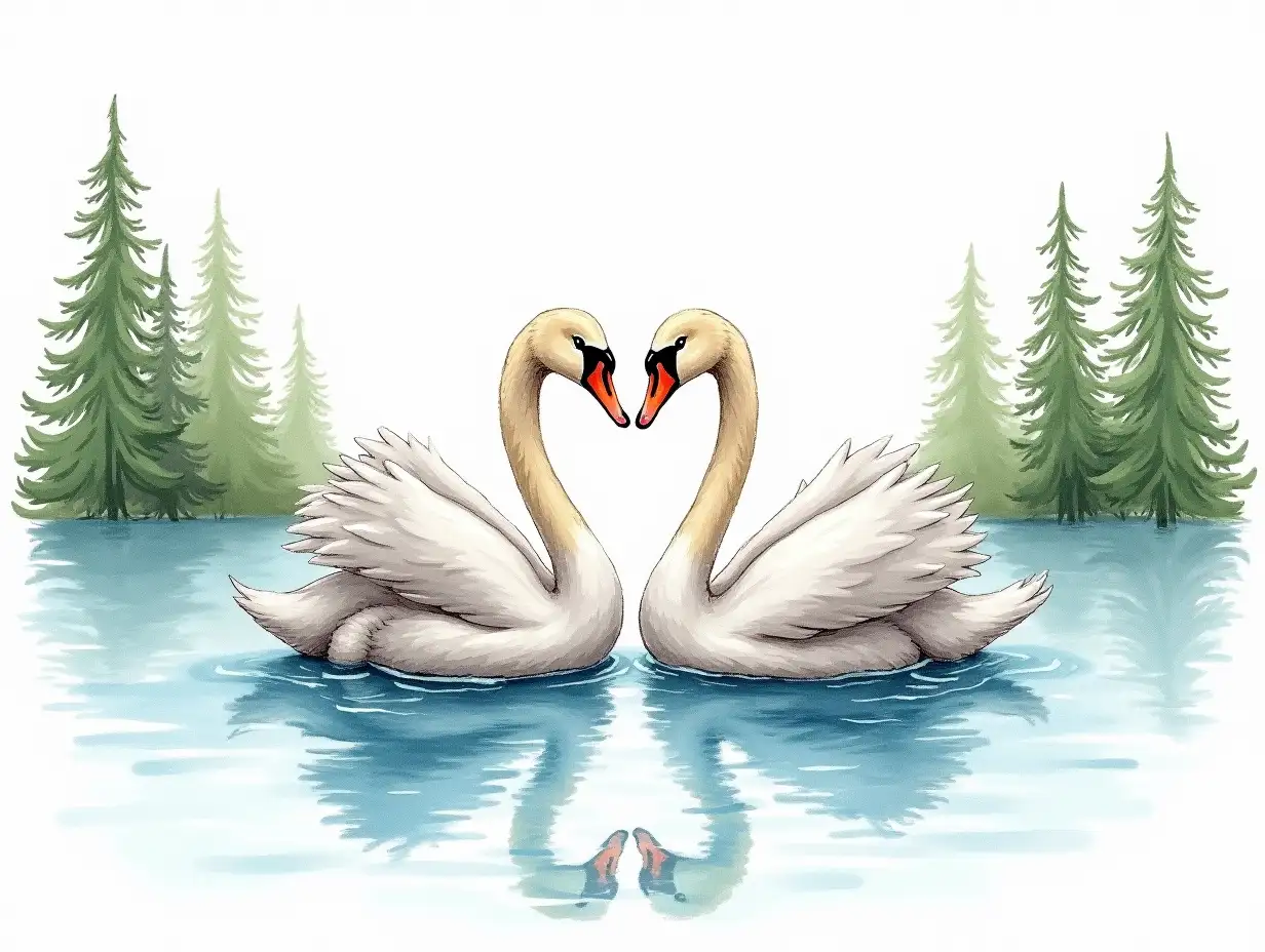 Two colourful chalk drawn tradition swans forming a love heart shape on a gentle lake surrounded by forest in stunning simplistic detail on a white background