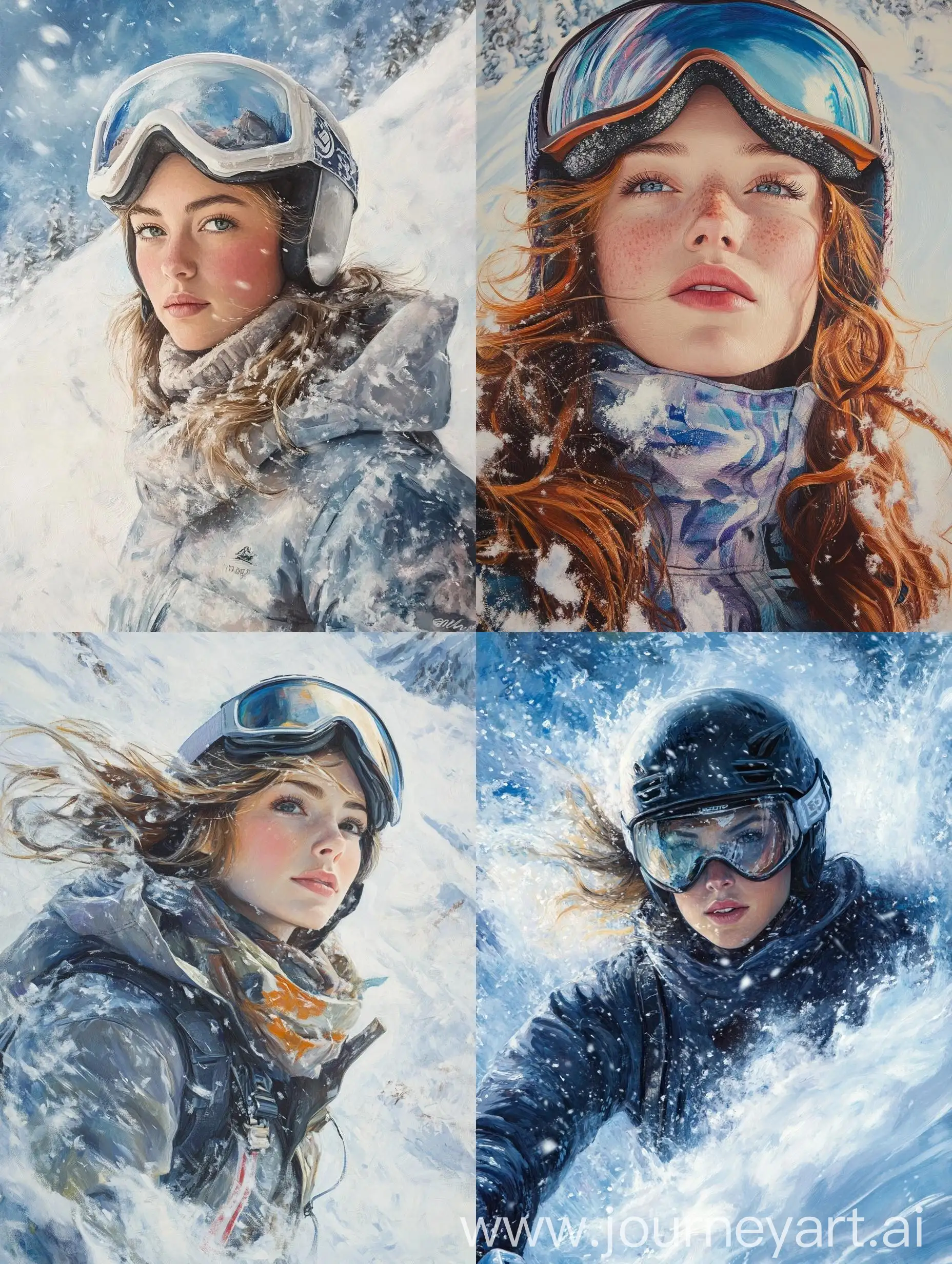 Portrait-of-a-Young-Woman-in-Ski-Suit-amidst-Snow-Swirls