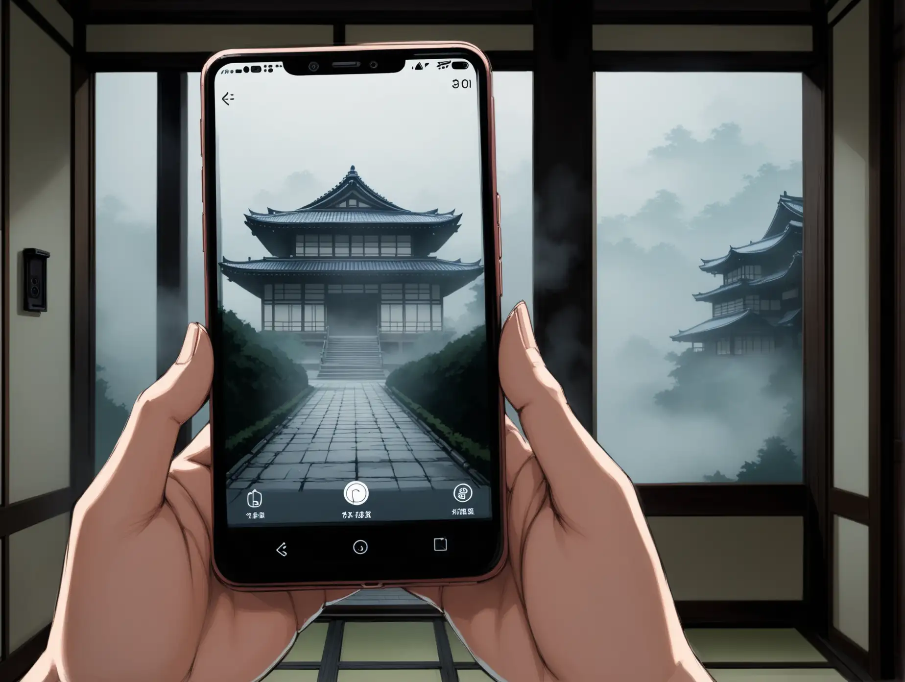 Woman-Holding-Smartphone-in-a-Foggy-Japanese-Mansion-Interior-with-Horror-Atmosphere