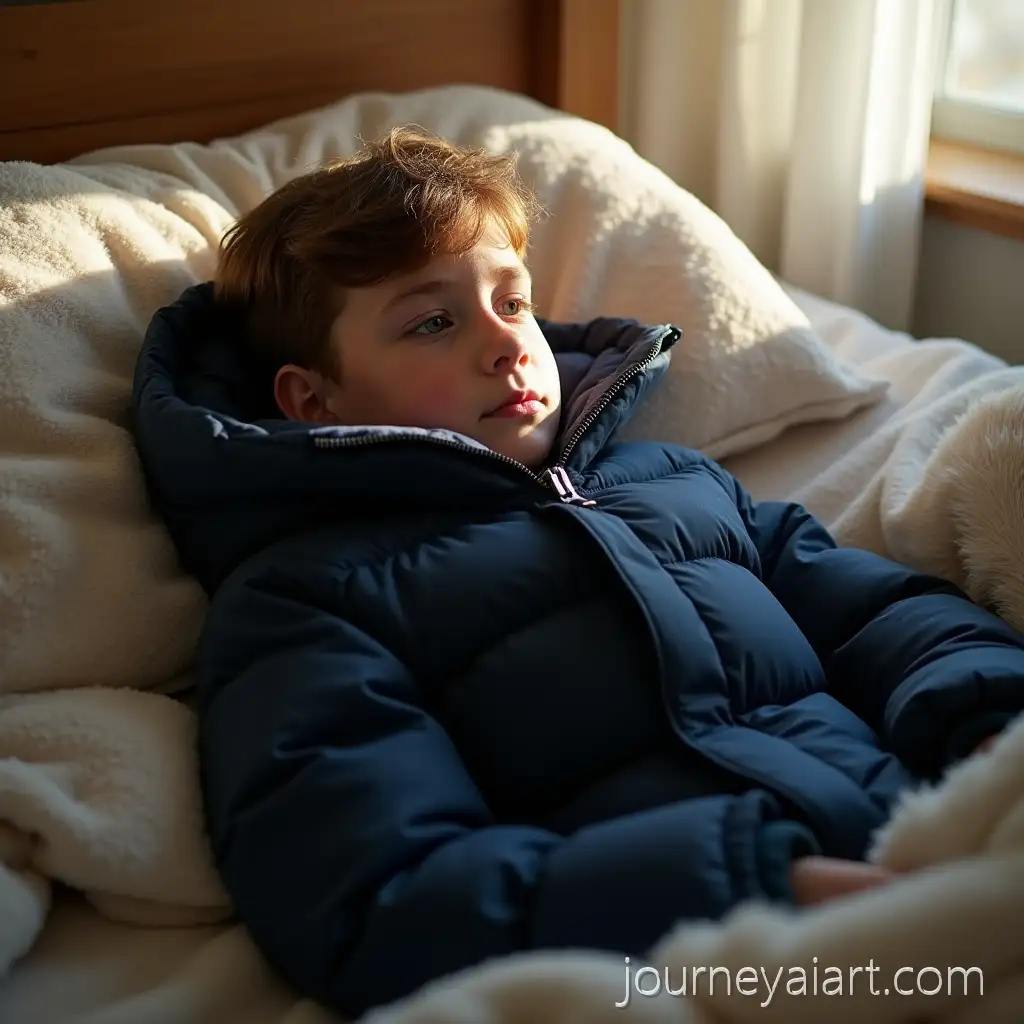 13YearOld-Schoolboy-Wearing-Puffy-Navy-Winter-Coat-Lying-in-Sunny-Bedroom