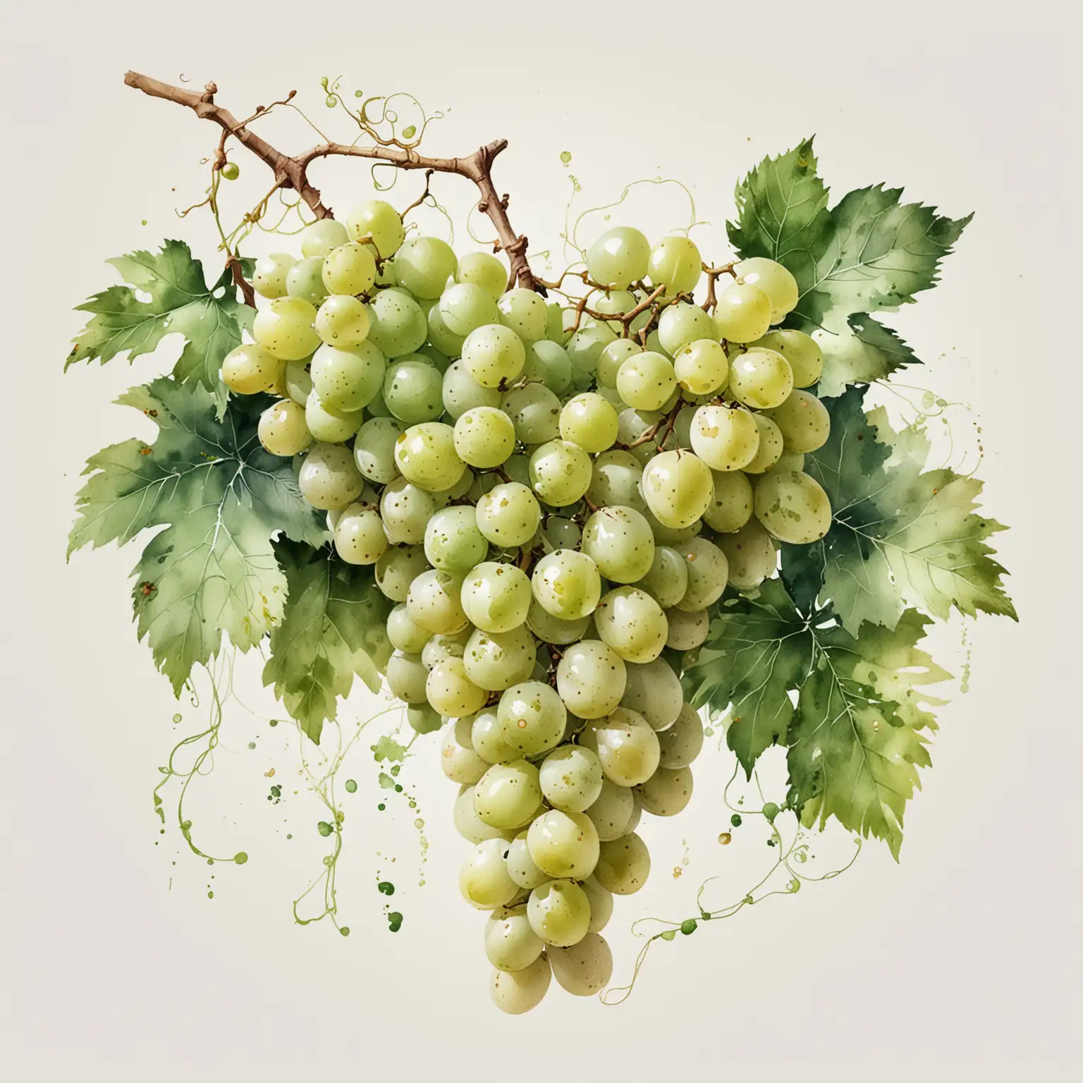 Hand Painted Watercolor Clip Art of Light Green White Grapes and Vines