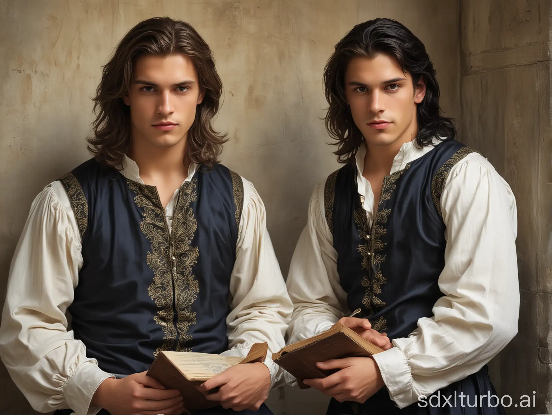 ((Medieval))), ((two guys)) in their twenties with shoulder length hair. One guy is handsome, ((dark-haired)) with gray eyes, wearing a medieval expensive black ornamented camisole. The other guy is ((light brown-haired)), thinner, wearing a medieval expensive white shirt and a dark blue vest, holding an ancient book. They sit side by side and discuss the book.
