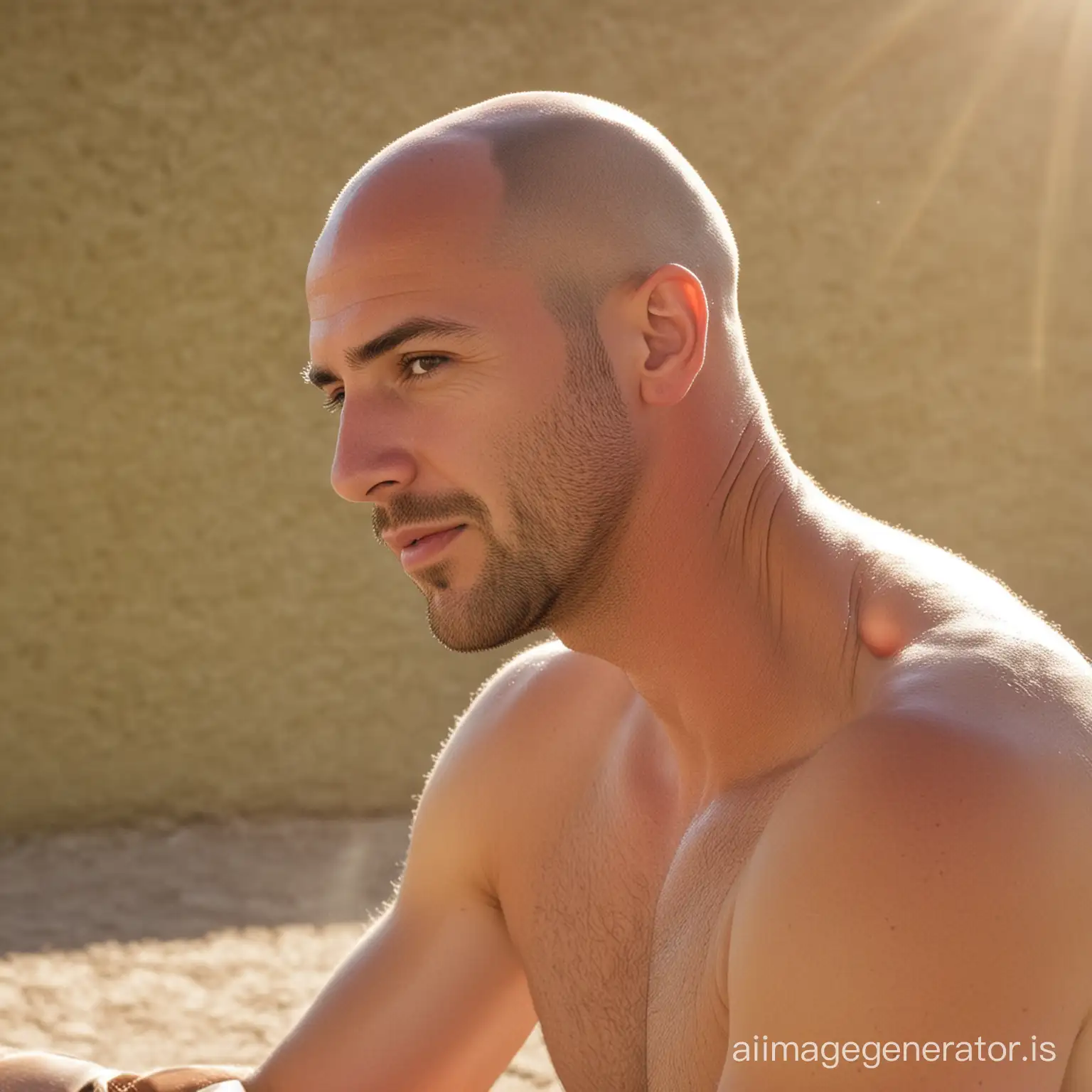 Bald man with short stubble sitting in the sunshine
