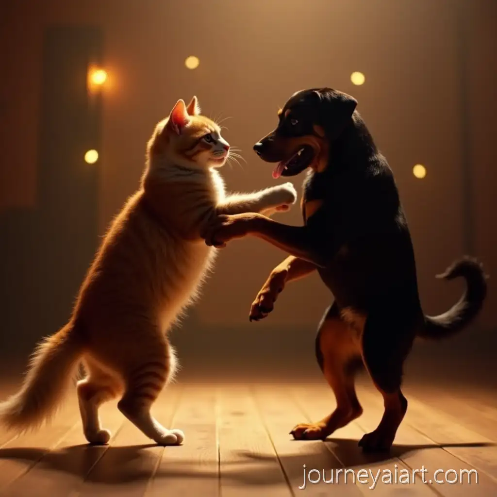 Cat-and-Rottweiler-Dancing-Together-on-Vibrant-Dance-Floor