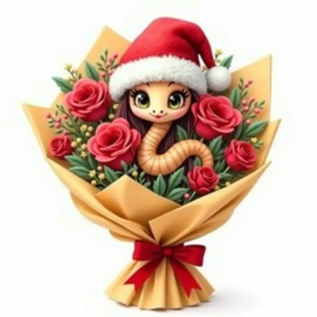 magnificent bouquet ,wrapped beautifully in golden paper, with beautiful red roses and tender flowers, in the center of the bouquet peeks out a glamorous toy snake with expressive eyes and long eyelashes and widely smiling, in Santa Claus's hat the bouquet is tied with a crimson ribbon with a bow, 3D, HD, high detail, watercolor painting, white background