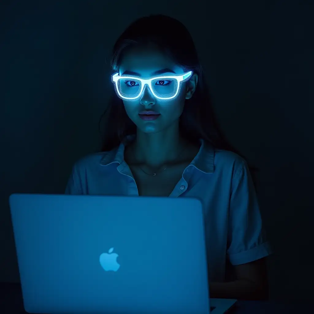 a young women wearing blue ray  glasses on looking laptop.ultrarealistic image