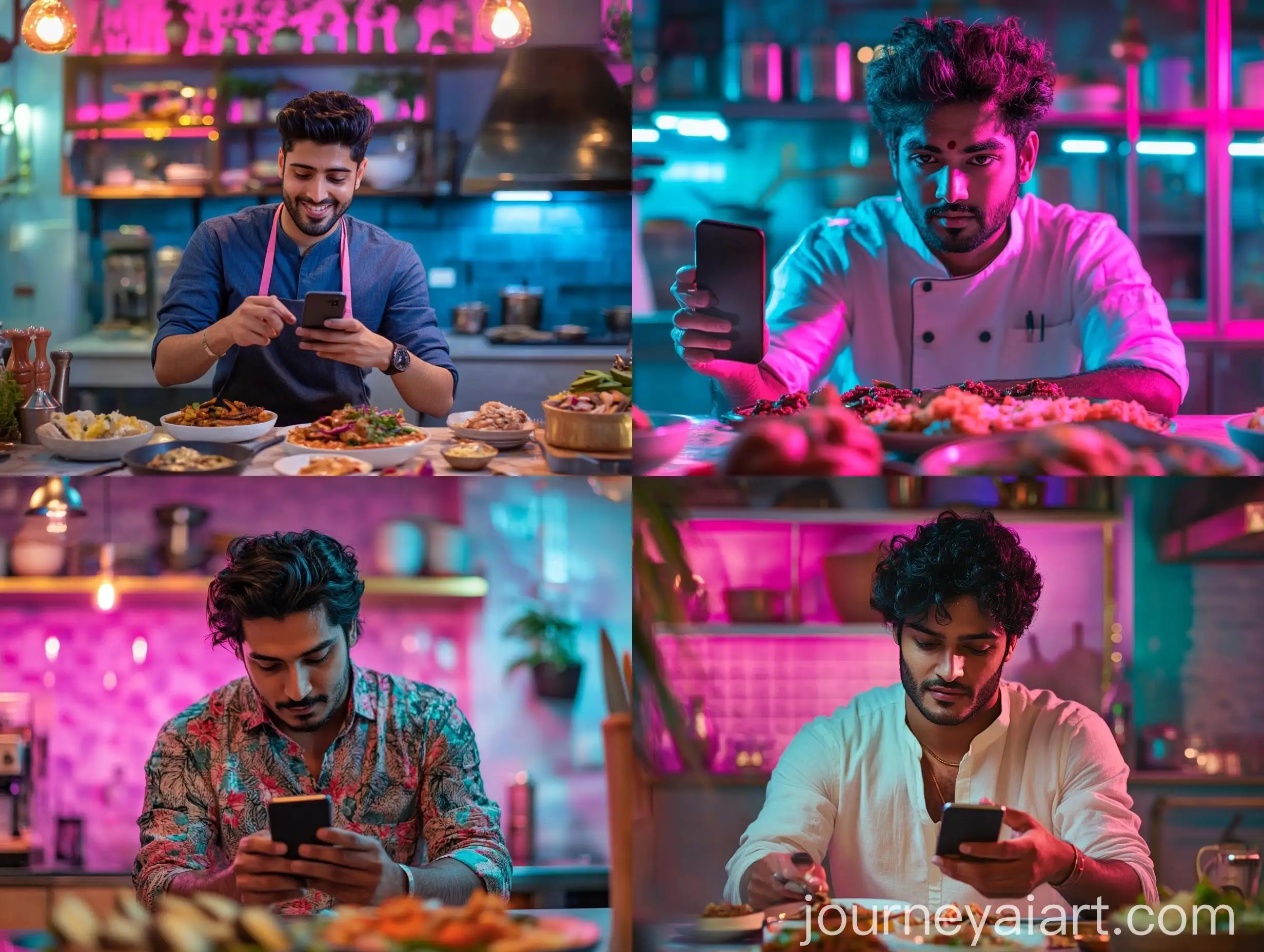 Vibrant-Young-Indian-Chef-in-Boho-Indie-Kitchen-with-Smartphone