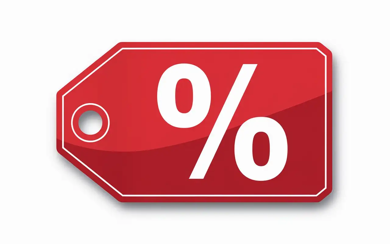 A red discount tag with a percentage symbol in bold white text, clean design, high resolution, isolated on a white background.