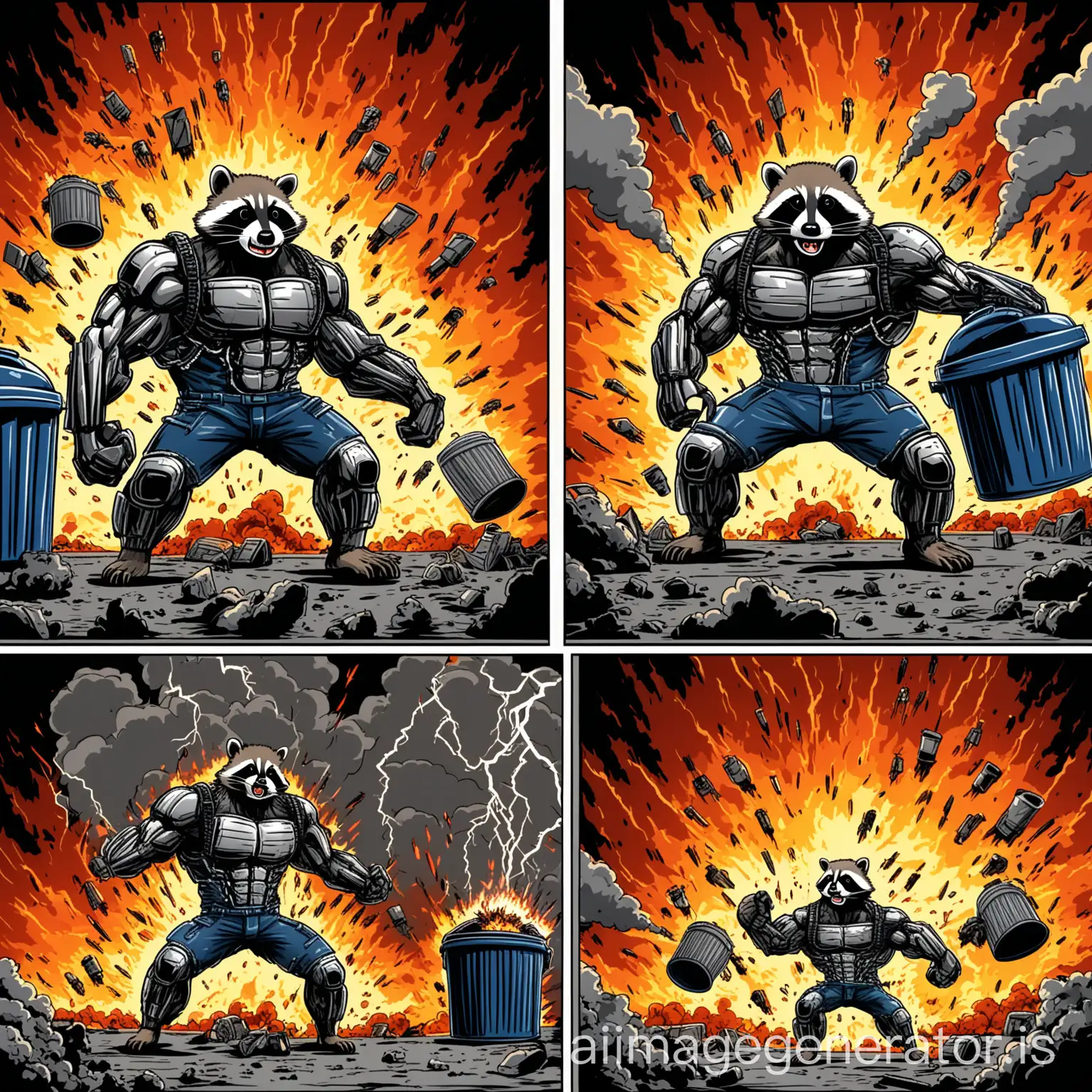 in this image there is a raccoon with the appearance of a Terminator he is lifting a large trash can with his two arms, there are lightning and smoke, there is fire and explosions, comic style, HD quality