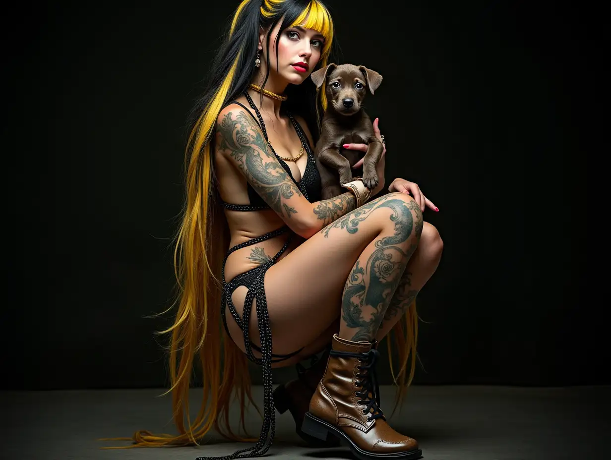 Lady with a -tattoo, futuristic long black-and-yellow patterned hair, braided and laced boots, and holding a puppy. Richly detailed and colorful. Futuristic jewelry. Background Unfocused, black 120-mm Steampunk shot