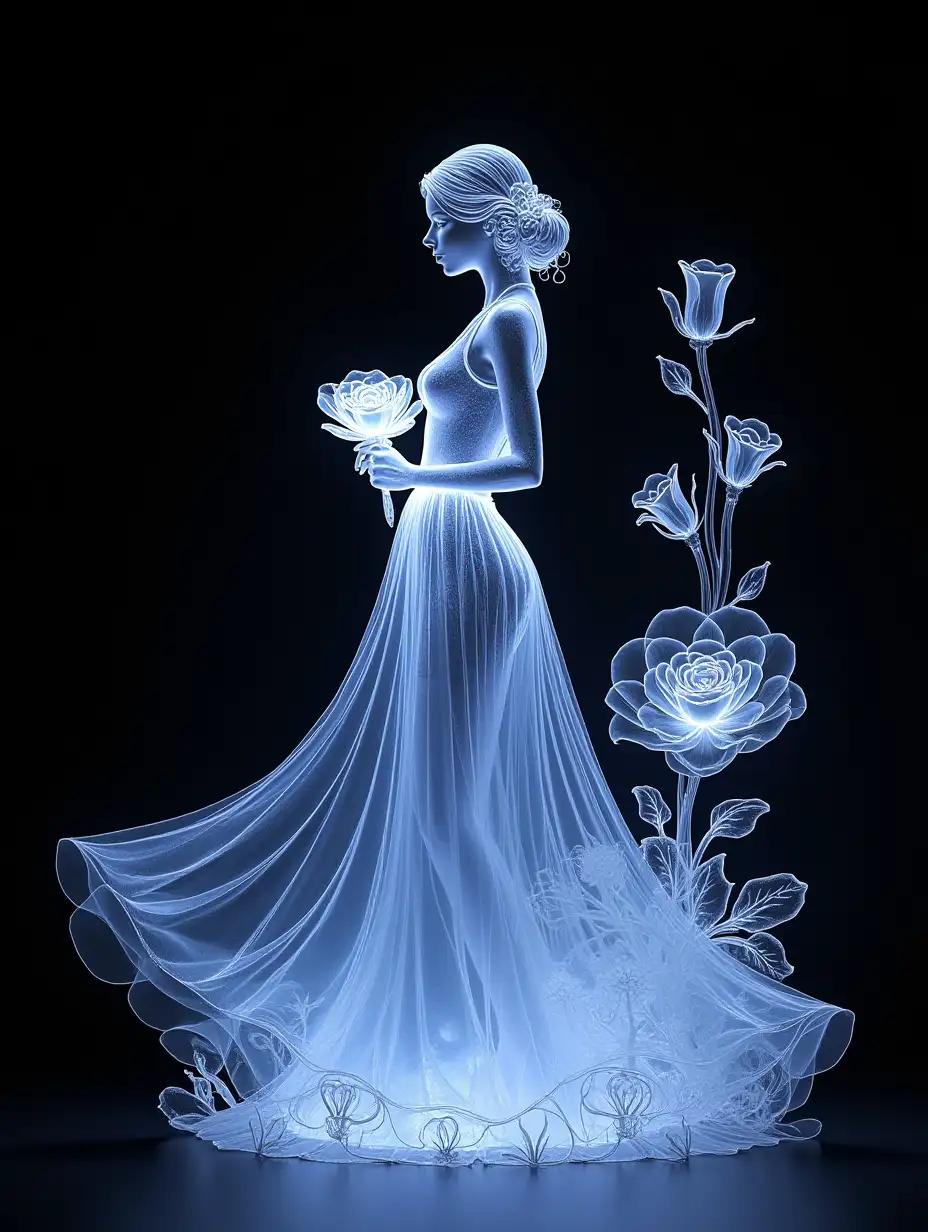 3d transparent neon colored Glass Art | Elegant woman in a dress holding roses | Black background with high contrast | Full-body shot, centered | Ultra-detailed, intricate design | Surreal aesthetic; Glowing white flowers on the right side; Beautiful woman standing straight with hands behind her back; Crystal clear details; Stunning, dramatic lighting