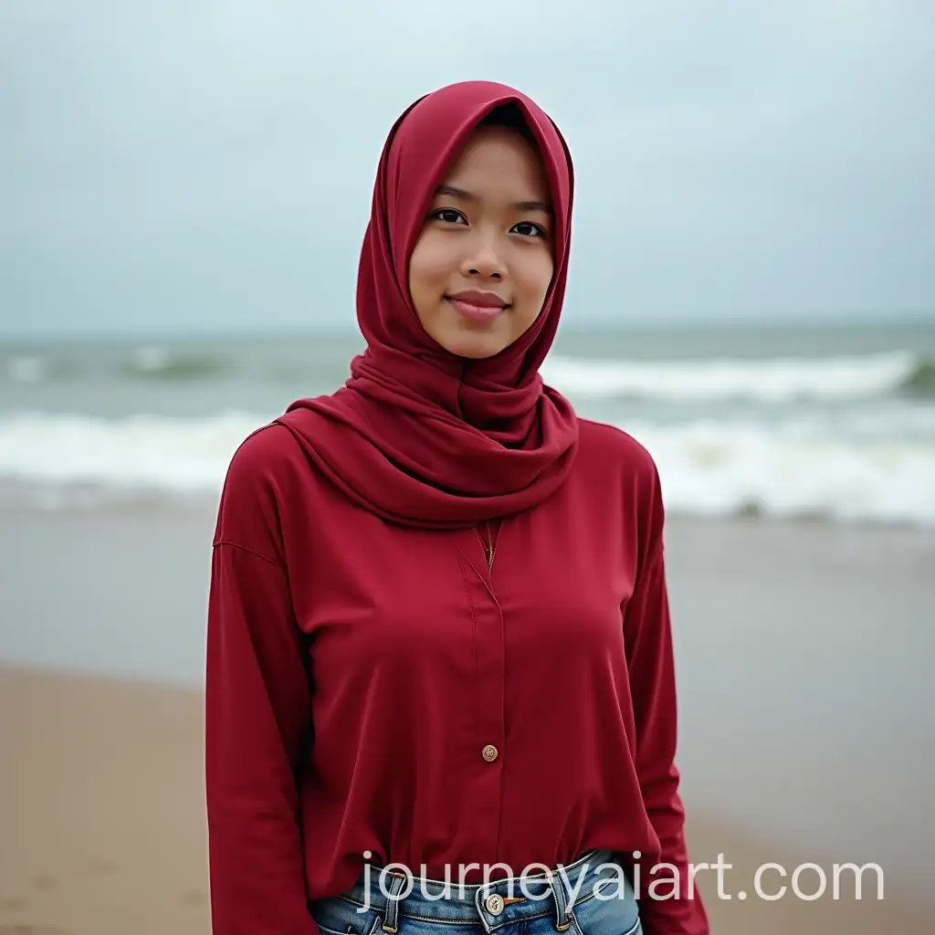 Indonesian-HijabWearing-Mother-at-the-Beach-in-Red-Tank-Top-and-Tight-Jeans