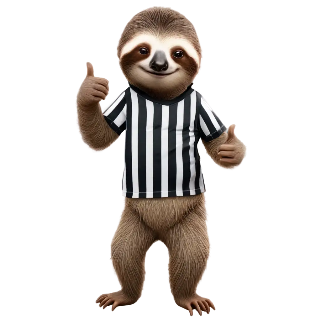 A cute sloth wearing a vertical striped Newcastle united soccer top with his thumbs up