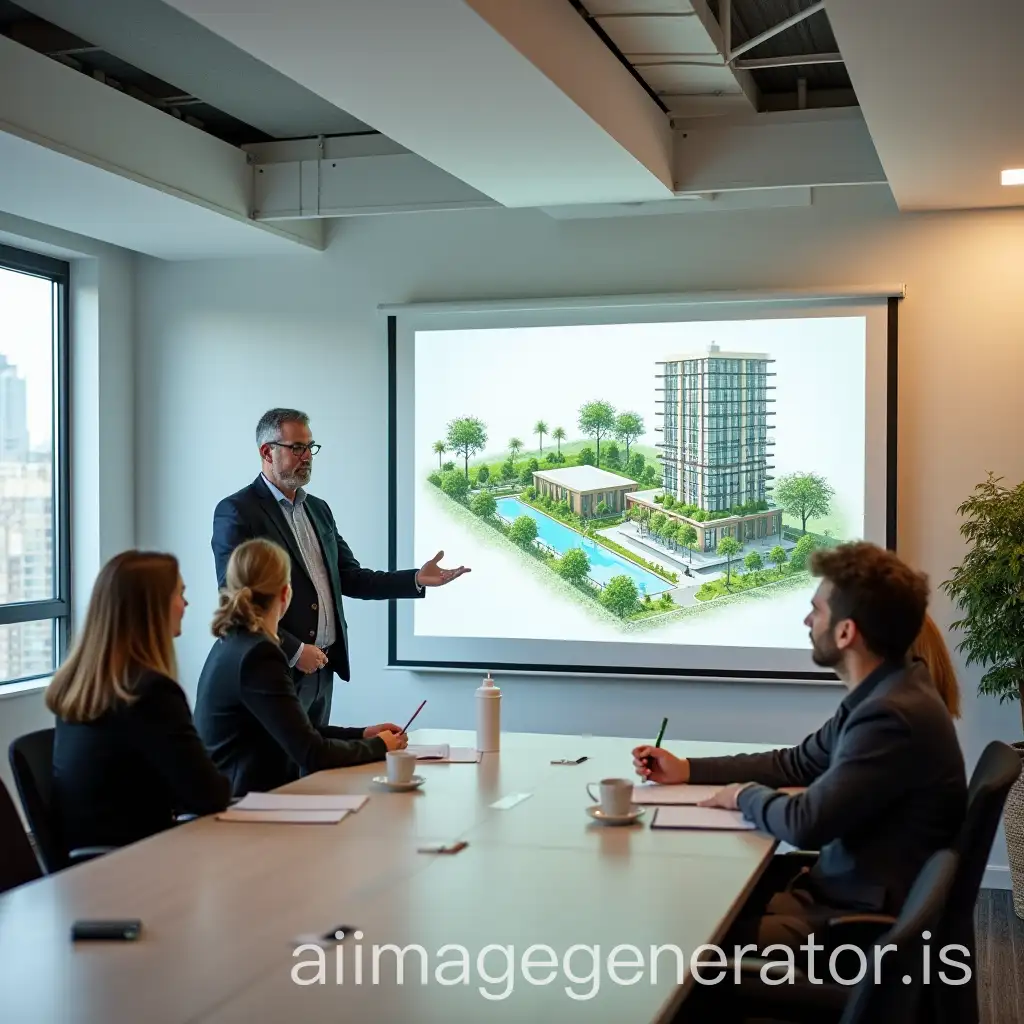 A professional presenting Green Building Architecture of sustainable building design to clients in a modern conference room