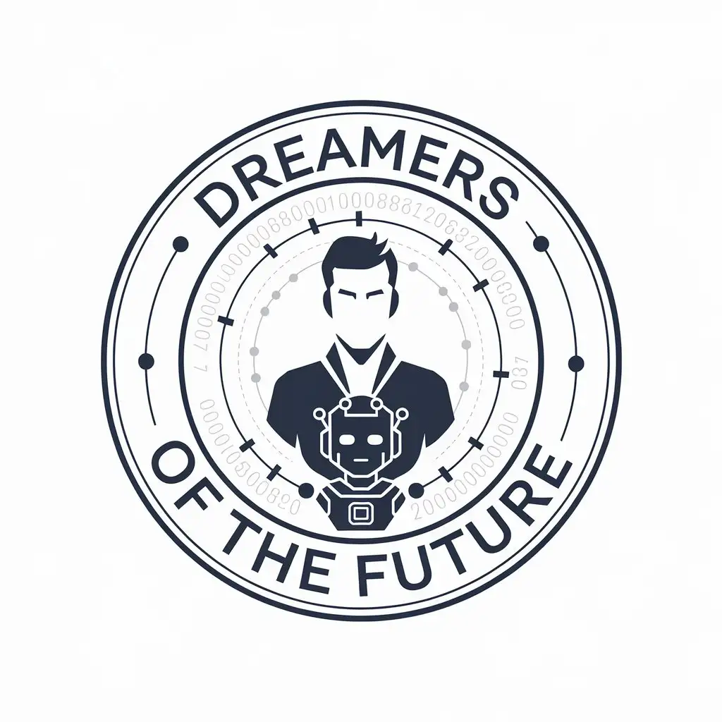 a vector logo design,with the text "Dreamers of the future", main symbol:A man and artificial intelligence with numbers and codes around it, preferably make it all in a circle,complex,clear background