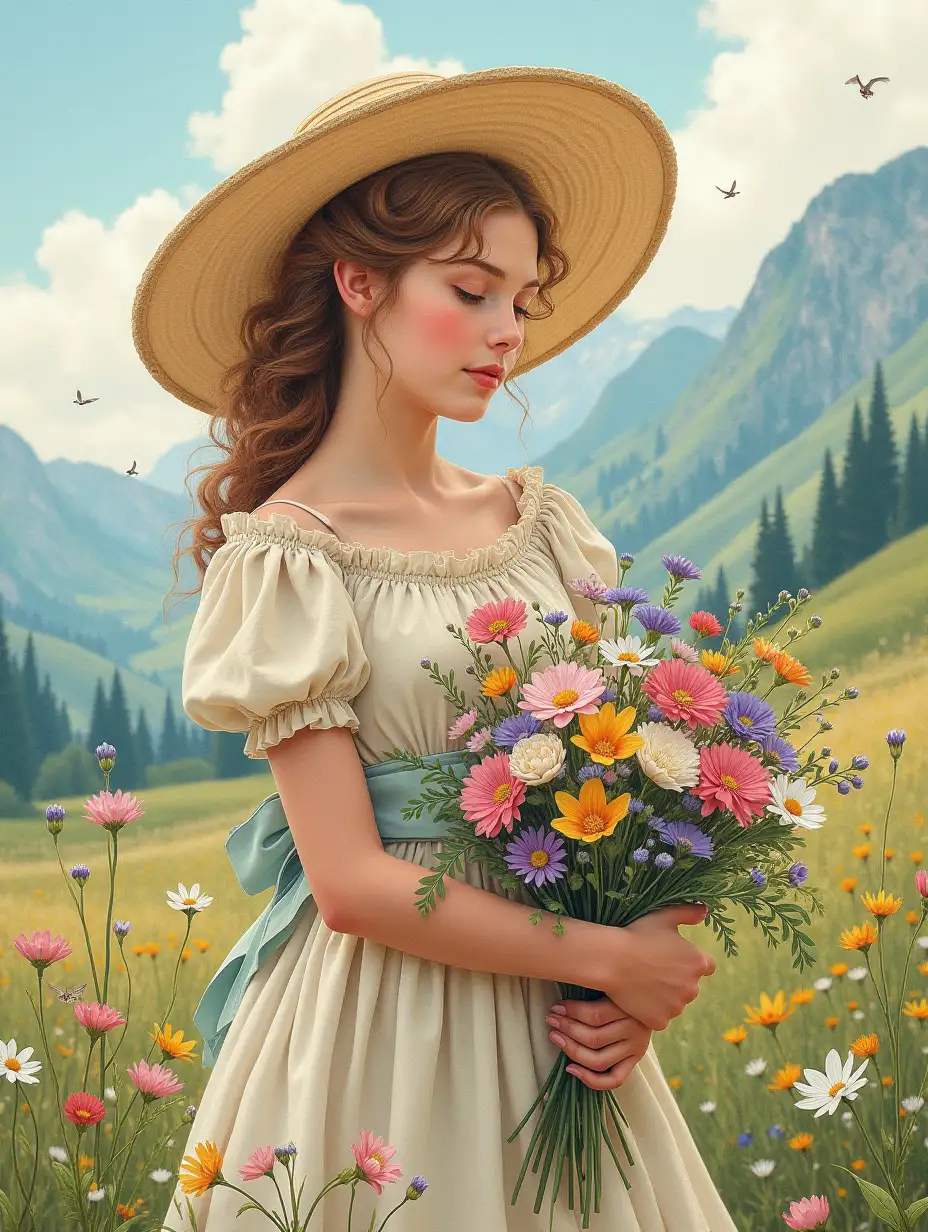 Style of Constantin Makovsky +Alphonse Mucha. pixel sharpness, elegantly, fairy tale, miniature, meticulous, high resolution, vivid color effect, soft pastel tones, bright color, photo realism, hyperdetailization, 3D effect, 16k, detailed drawing of details, volume watercolor, drawing with colored ink and feather, professional photo, dark botanical, high detail, clear lines. A nice girl picking a bouquet of wildflowers in a paradise meadow in the mountains of Dagestan