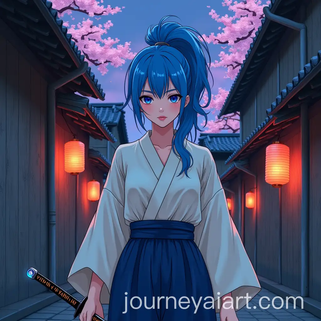Stoic-Warrior-in-Futuristic-Feudal-Setting-with-Blue-Hair-and-Katana