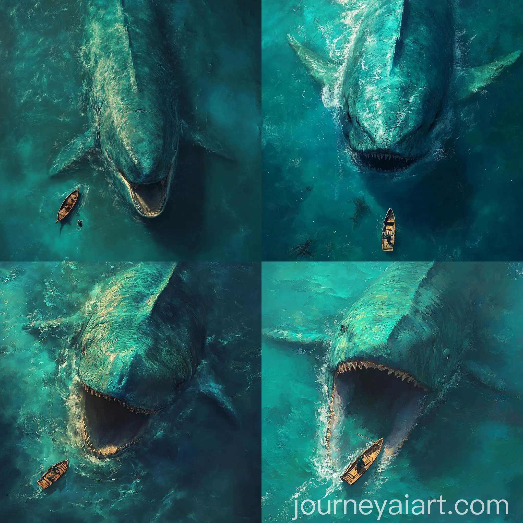 Aerial-View-of-Giant-Yokine-with-WhaleShaped-Mouth-and-Wooden-Boat