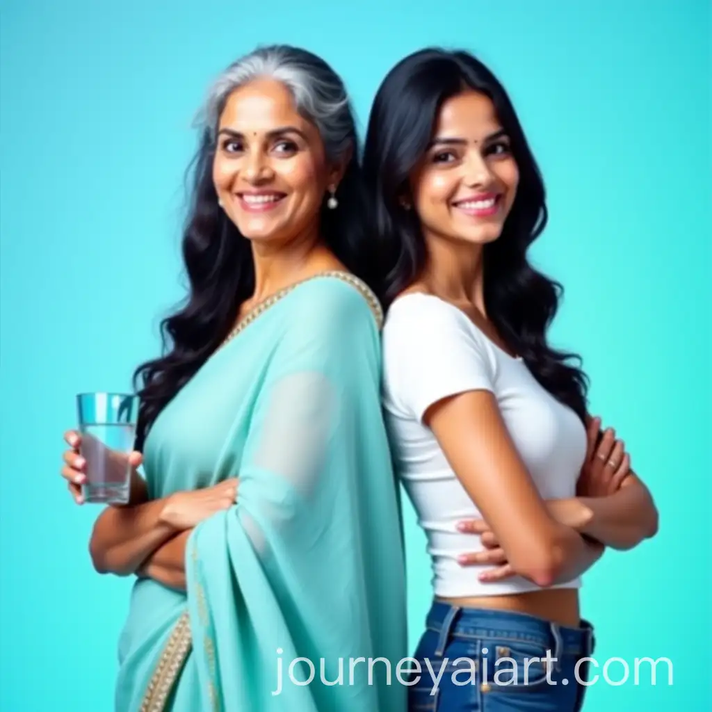 Indian-Women-Standing-BacktoBack-in-Vibrant-Advertisement-with-Water-Glass-and-Confident-Smiles