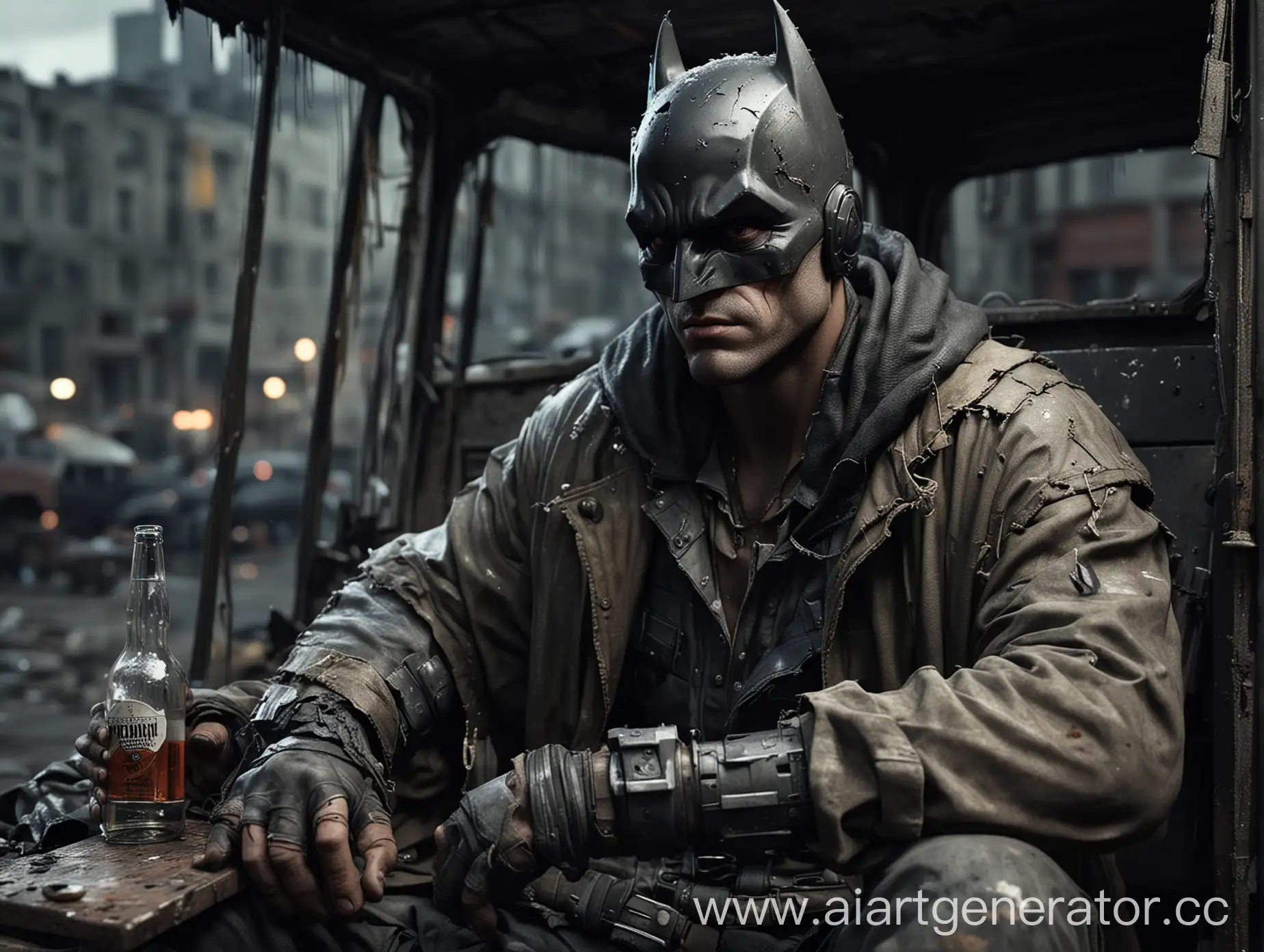 /imagine prompt: A realistic depiction of Batman wearing tattered, homeless clothing, with a black eye and holding a bottle of alcohol. He sits in a makeshift homeless vehicle, surrounded by urban decay. The scene is gritty and detailed, with high-resolution textures. Created Using: photorealistic rendering, detailed textures, gritty urban setting, high contrast, atmospheric perspective, dark and moody atmosphere, realistic lighting, high detail --ar 16:9 --v 6.0