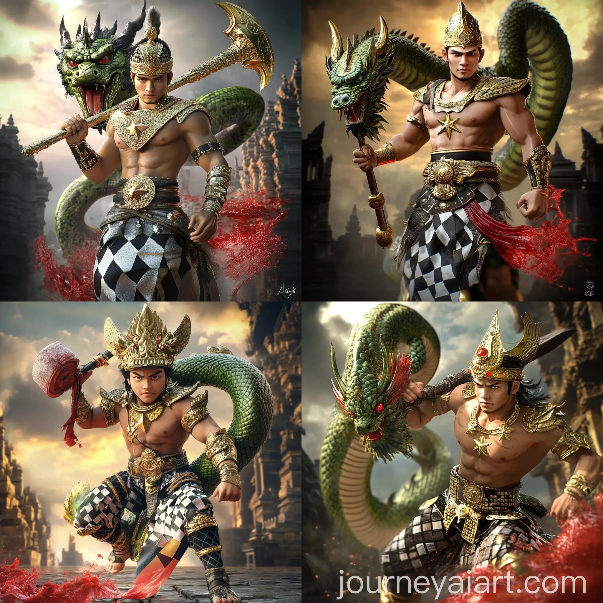 Courageous-Man-Confronting-Green-Dragon-with-Mace-in-Cinematic-4D-Caricature