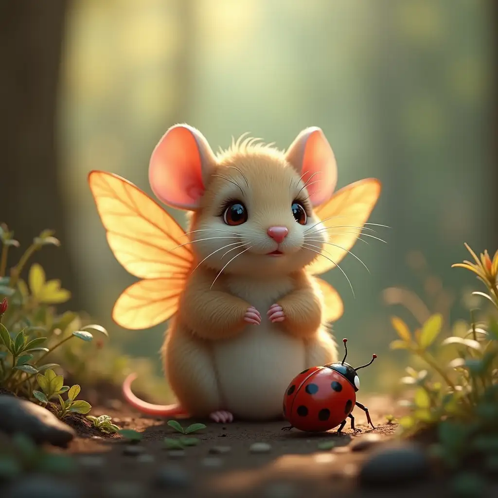 Tiny-Mouse-with-Faerie-Wings-and-Ladybug-Friend-in-Forest-Setting