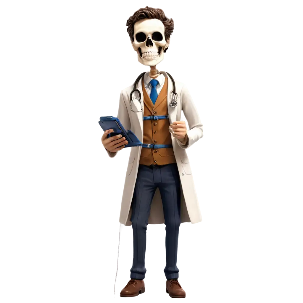 Caricature of a doctor who has a skeleton head, but is holding defibrillator paddles in each hand