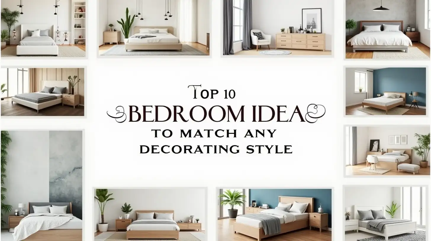 Create an elegant and eye-catching image that combines the key themes of all 10 bedroom decorating styles. Arrange a collage-like design showing elements such as sleek minimalism, rustic textures, bohemian patterns, coastal blues, industrial materials, retro colors, Scandinavian simplicity, vintage glamour, tropical greenery, and urban sophistication. Use soft gradients to blend the sections seamlessly. In the center, feature bold, stylish text reading 'Top 10 Bedroom Ideas to Match Any Decorating Style' in an elegant, modern font. The text should complement the overall tone with a neutral but striking design.