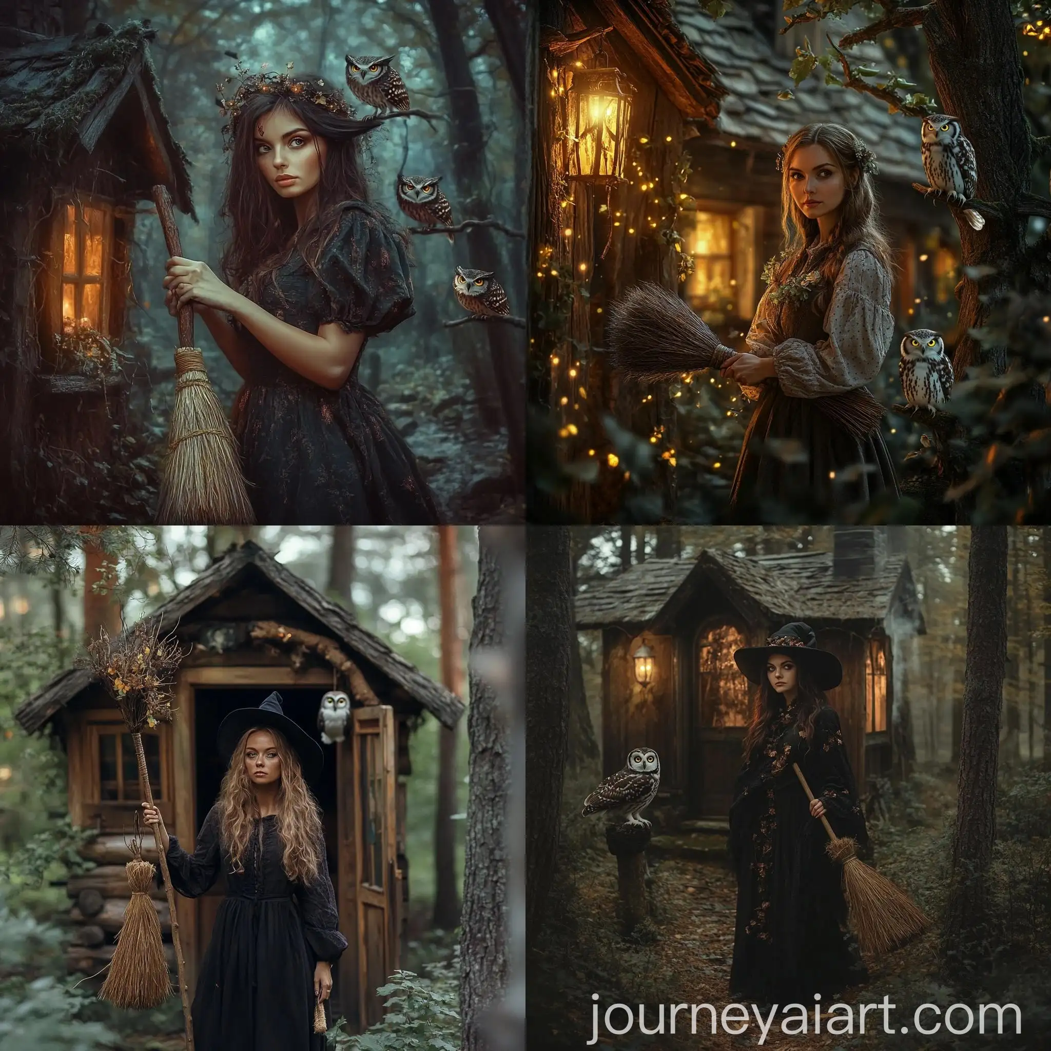 Cosy-Cottage-Witch-Holding-Broom-in-Enchanted-Forest-Scene