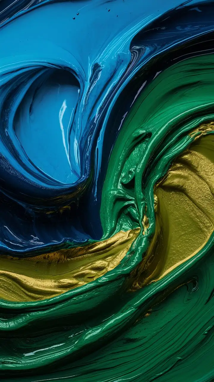 Close-up, macro shot of vibrant, swirling acrylic paint pour, deep blues, emerald greens, and molten gold colors blending and rippling, high contrast, dynamic composition, studio lighting, ultra-detailed, 8k