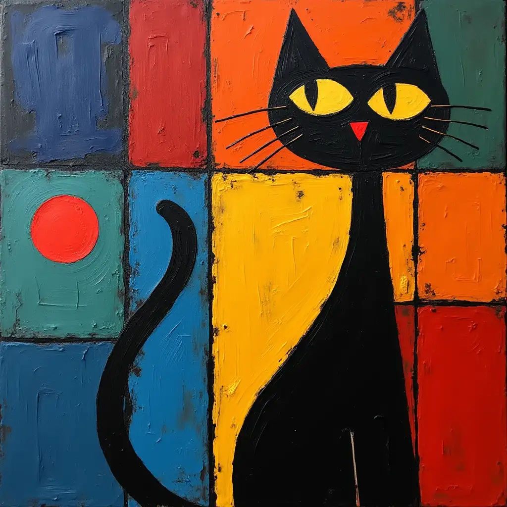 Picture in a grid lady cat in the style of Kandinsky, Malevich, minimalism, simplify for beginner artist acrylic many colors, constructivism abstract, dark-toned