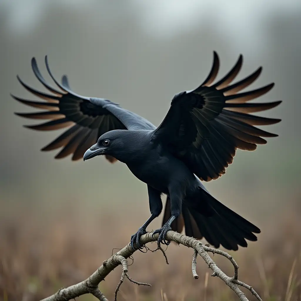 Black Raven Landing on Branch in Wasteland Nature