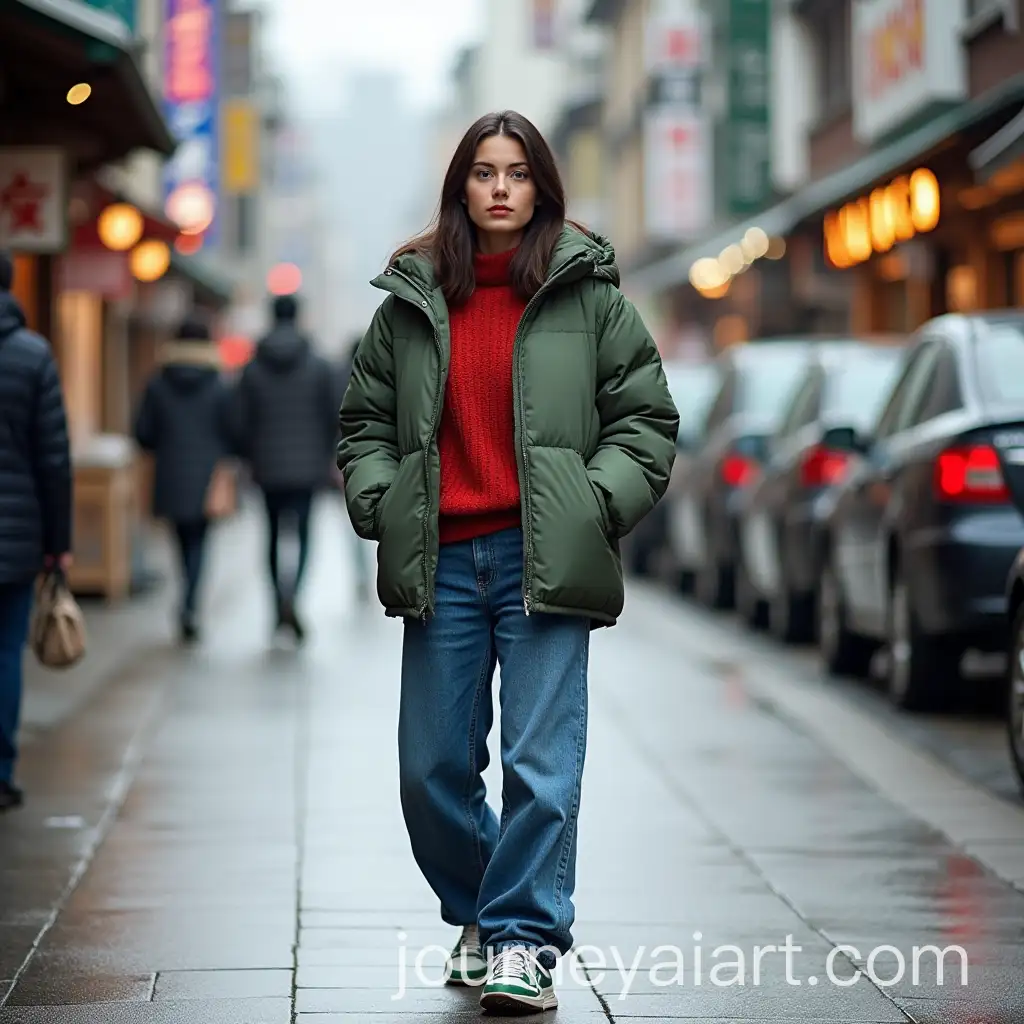Woman-in-Green-Puff-Jacket-and-Red-Pullover-in-Takayama-Japan