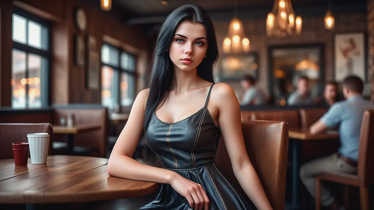 Stylish-Slavic-Woman-in-Restaurant-with-Photorealistic-Detail