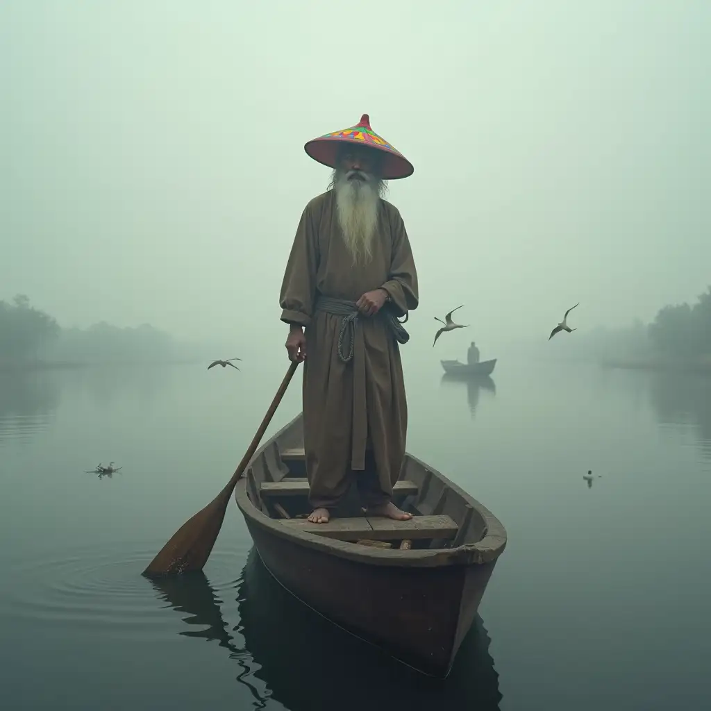 Holyman-in-Traditional-Garb-on-a-Foggy-Ganges-River