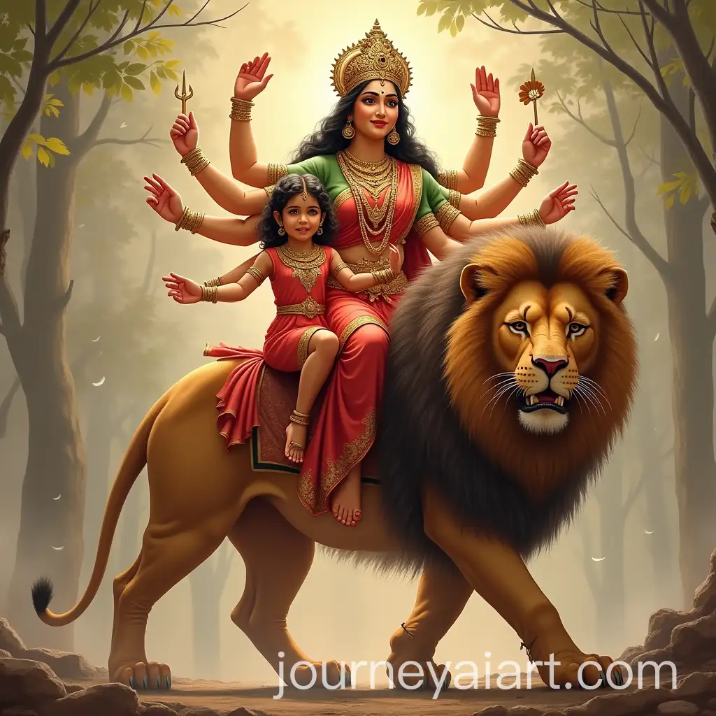 Goddess-Durga-with-Ten-Hands-Riding-Lion-Blessing-Little-Girl