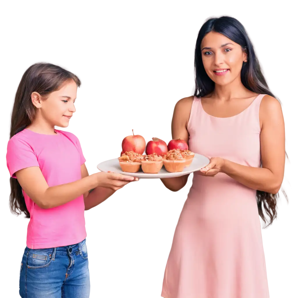 HighQuality-PNG-Image-of-a-30YearOld-Mom-Giving-Red-Apples-to-an-8YearOld-Girl-in-a-Pink-Dress