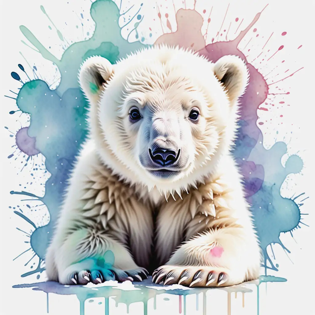 Adorable Polar Bear Cub in Watercolor Style with Pastel Splatter Background