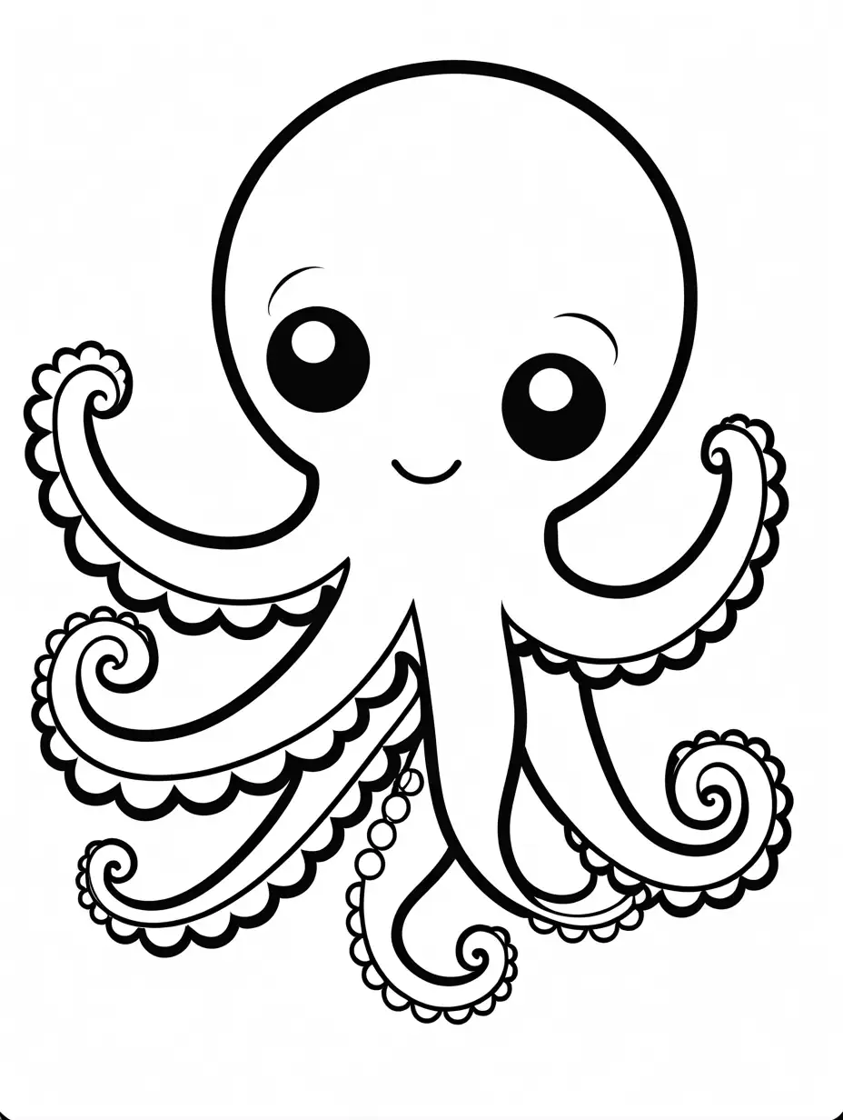 Generate a simple colouring image for kids of an octopus (without backround) Coloring Page, black and white, line art, white background, Simplicity, Ample White Space. The background of the coloring page is plain white to make it easy for young children to color within the lines. The outlines of all the subjects are easy to distinguish, making it simple for kids to color without too much difficulty
