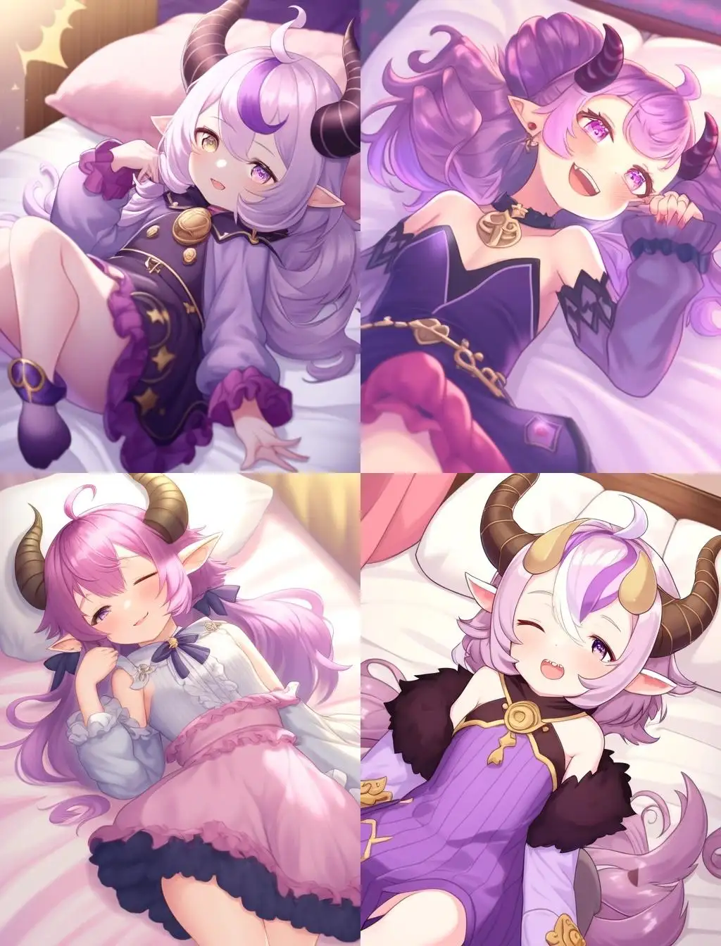Seductive-PinkSkinned-Woman-in-Elegant-Purple-Dress-on-Bed