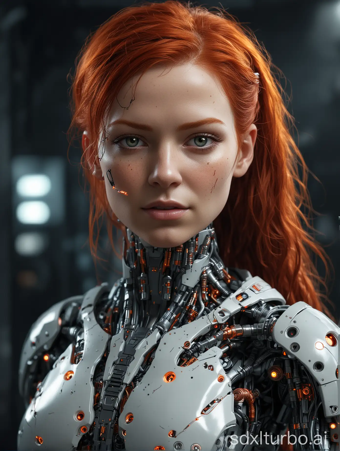 An ultra-photorealistic, highly detailed, redhead cyborg. Her veins are plugged into a mainframe's fiber optics. Highly technological.