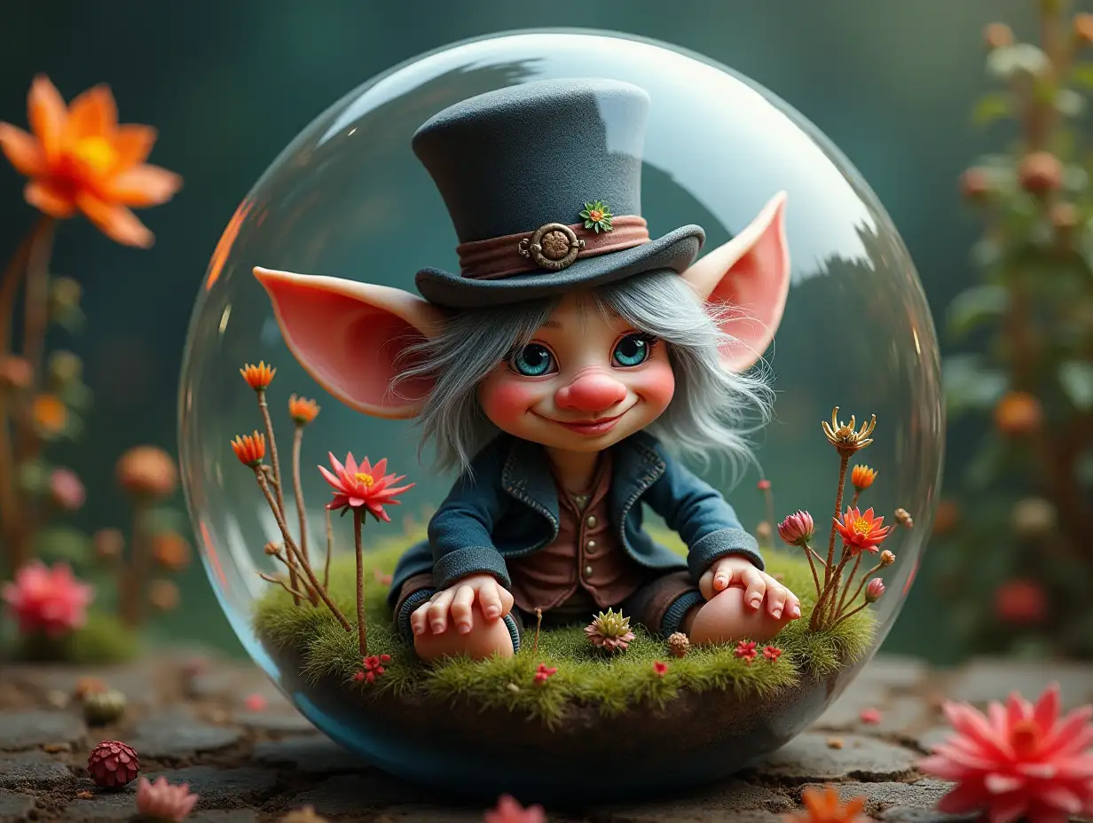 Ultradetailed hyperrealistic portrait of a troll with gray and red hair and top hat sitting in a glass ball with intricately detailed, colorful plants in the background