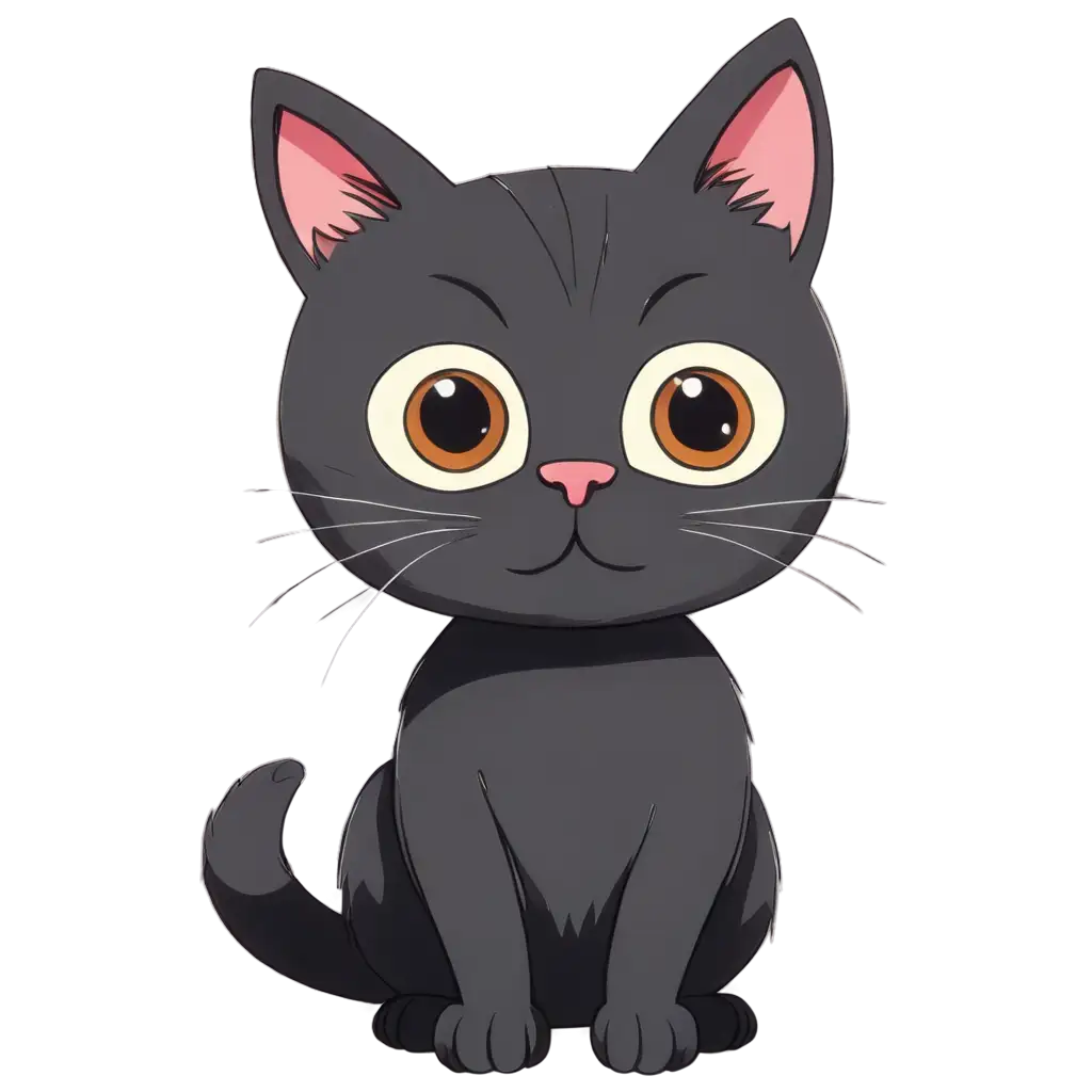 Draw a cartoon style cat, with big eyes, a round body, playful and cute posture, and a background of colorful toys and flowers.