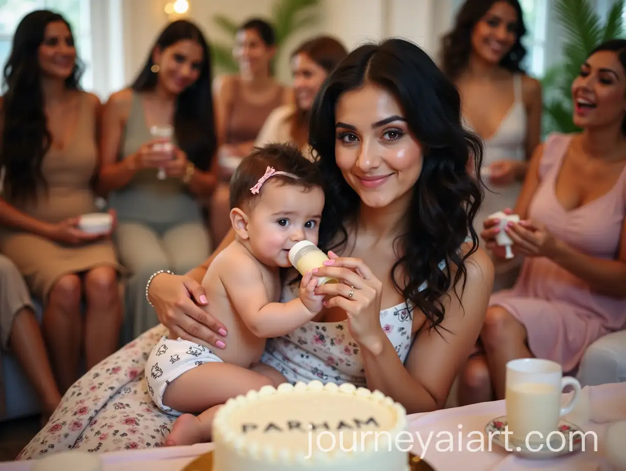 Woman-Holding-Baby-Boy-at-a-Colorful-Baby-Shower-Celebration