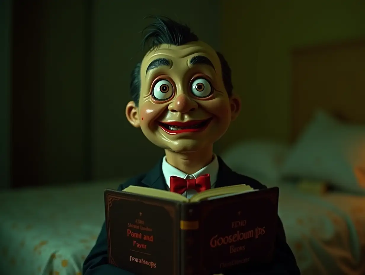 The background is a gradient of dark green to yellow, creating a sinister atmosphere. In a bedroom. Main Image: The central figure is a terrifyingly realistic ventriloquist's dummy holding a book with exaggerated features: Face: The dummy has an eerie smile with bright red lips, wide eyes with a manic expression, and pronounced eyebrows. The eyes are particularly unsettling, contributing to the horror theme. Attire: It wears a formal suit with a red bow tie, which contrasts with its grotesque face, enhancing the unsettling effect. Lighting: The face is illuminated from below, casting shadows that accentuate its creepy features.  A book Cover titled 'Goosebumps' in an early 1990's scary gooey red font