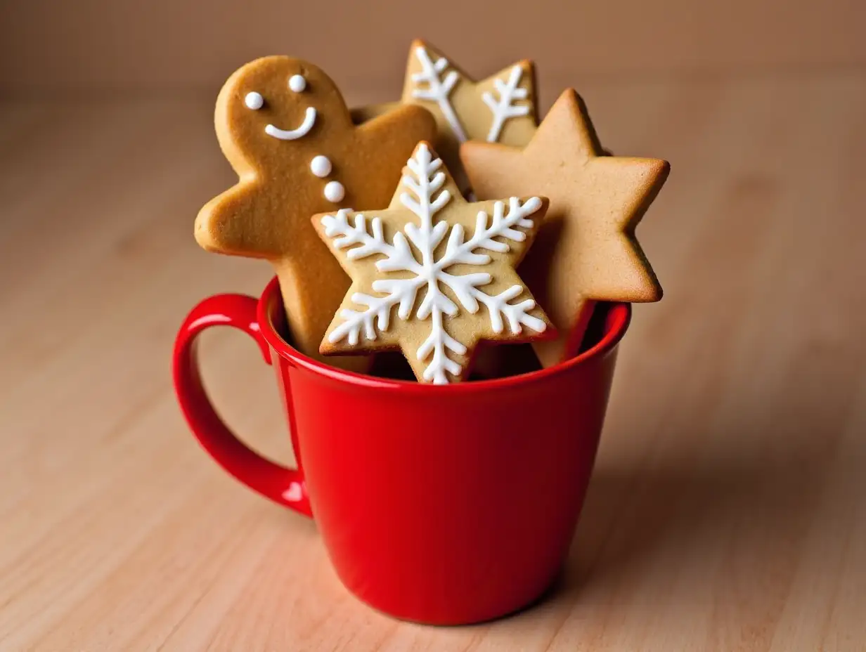 A red cup with a gingerbread man and snowflake cookies in it