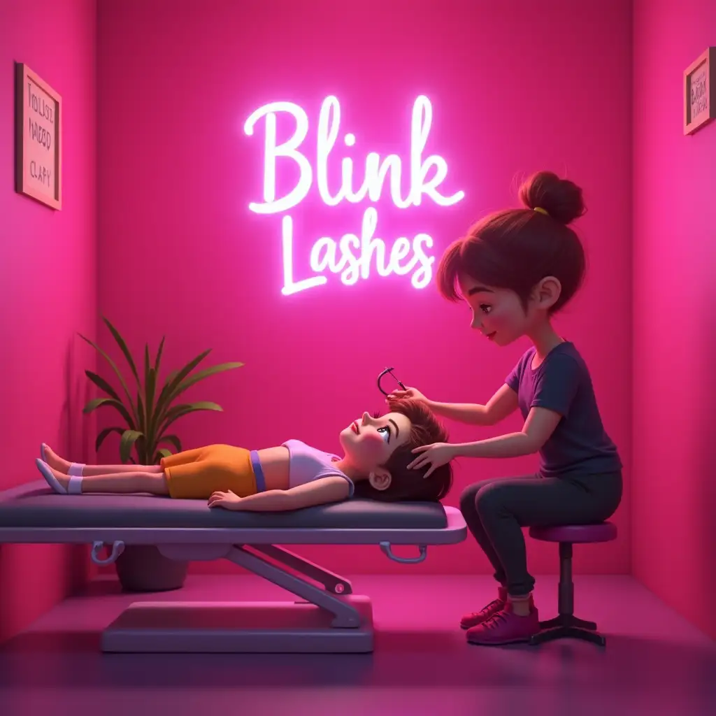 lashista putting eyelashes on a girl lying on a stretcher behind her a neon sign with a text that says blink lashes in a pink disney pixar style studio