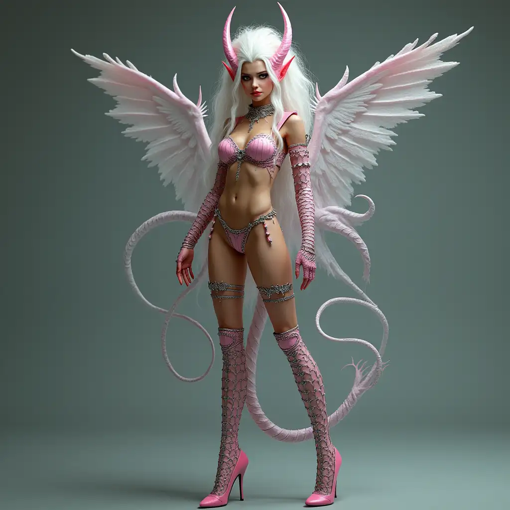 Mythological princess with spiky head with white streak invisible lingerie chainmail pink high heels