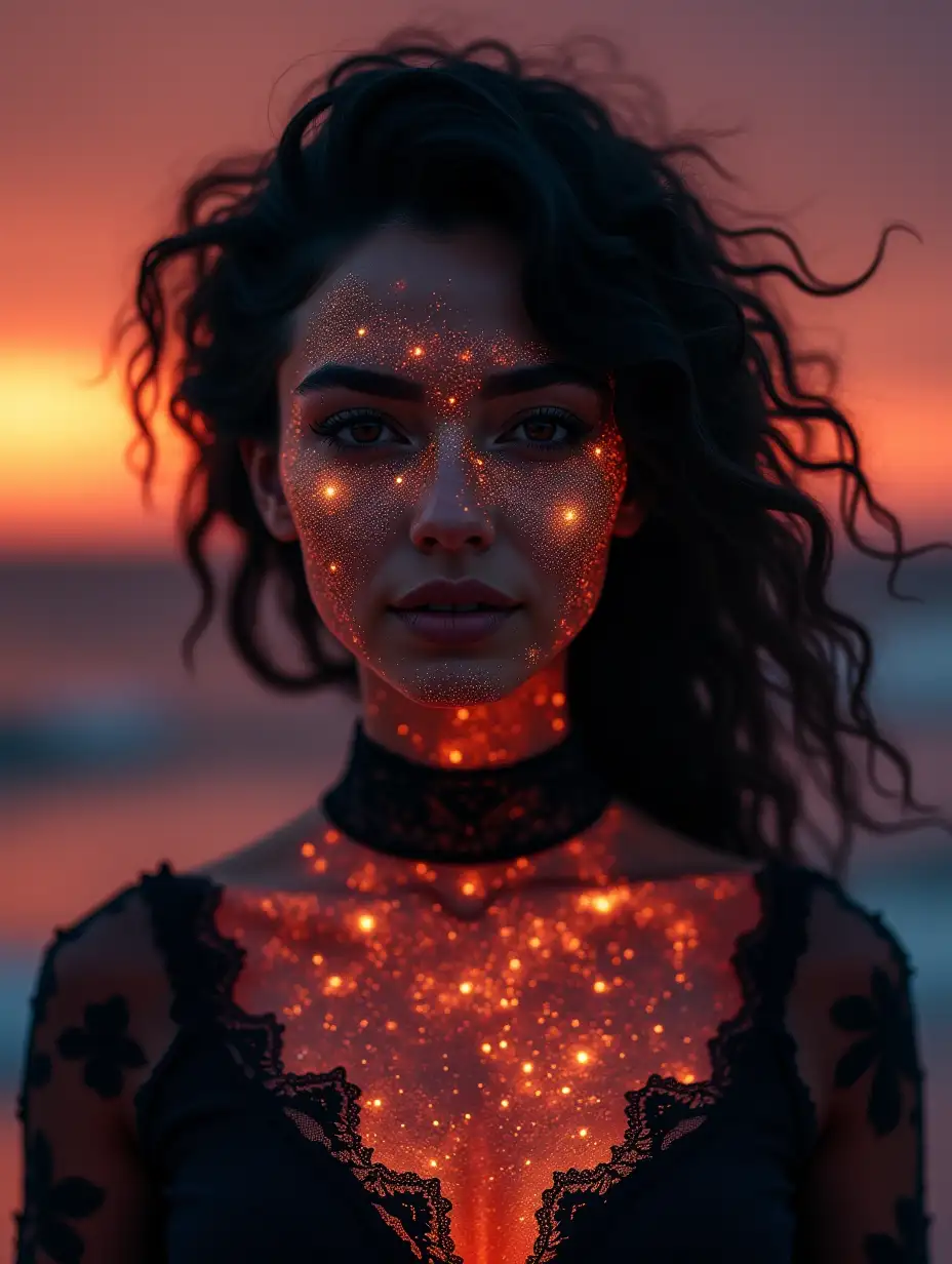 Beautifully detailed. A close-up of a glow-skinned woman wearing a lace outfit, with her face and skin displaying a stunning galaxy pattern. Behind her, the sea stretches out. The sky is a deep, dark rust color. Rich, deep colors. Lightroom effect.